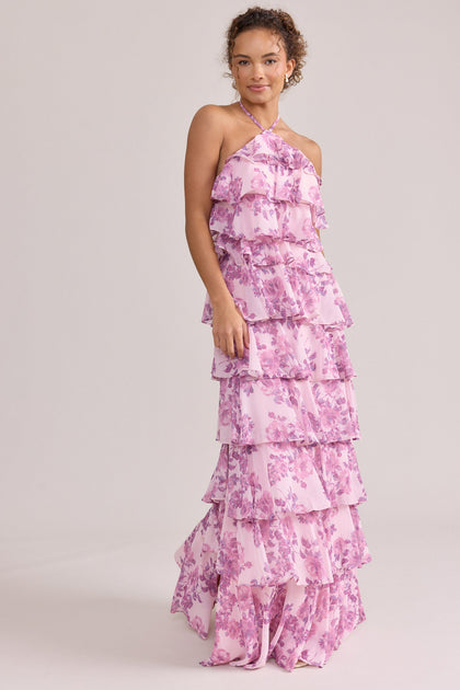Carrie Chiffon Floral Print Dress | Made To Order | Perfect Pink Blossom