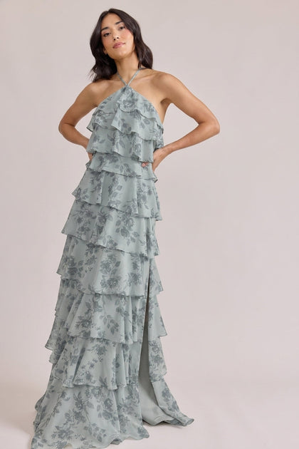 Carrie Chiffon Floral Print Dress | Made To Order | Sage Bouquet
