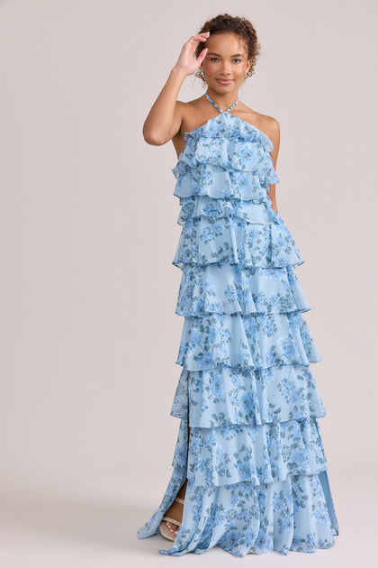 Carrie Chiffon Floral Print Dress | Made To Order | Sky Blue Blossom