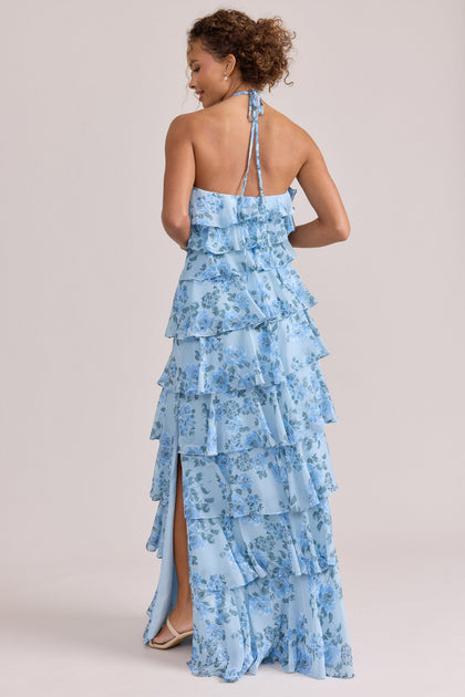 Carrie Chiffon Floral Print Dress | Made To Order | Sky Blue Blossom