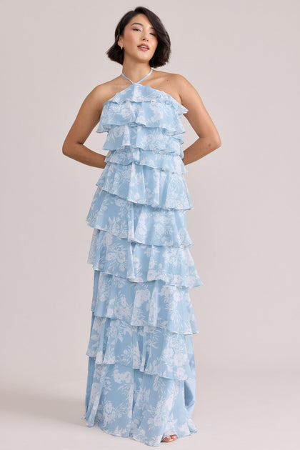 Carrie Chiffon Floral Print Dress | Made To Order | Sky Blue Bouquet
