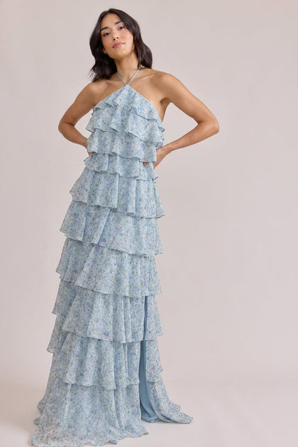 Carrie Chiffon Floral Print Dress | Made To Order | Sky Blue Multi Posey