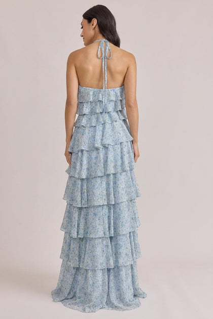 Carrie Chiffon Floral Print Dress | Made To Order | Sky Blue Multi Posey