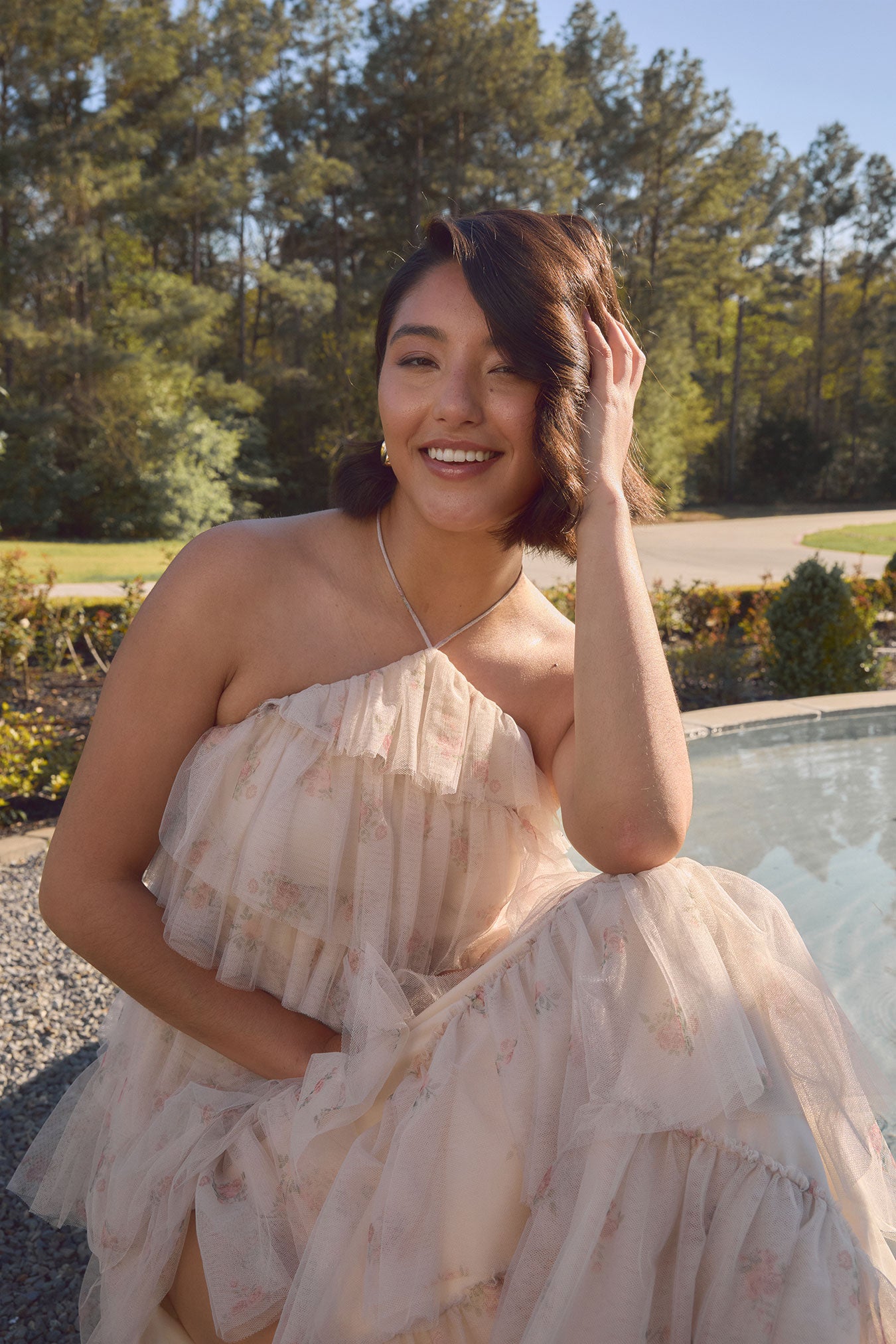 Carrie Tulle Floral Print Dress | Made To Order Champagne Petit Rose Carrie Tulle Floral Print Dress | Made To Order Champagne Petit Rose