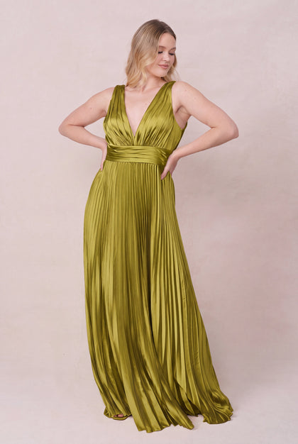 Celine Satin Pleated Dress | Made To Order | Chartreuse