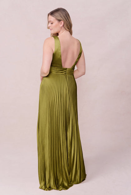Celine Satin Pleated Dress | Made To Order | Chartreuse
