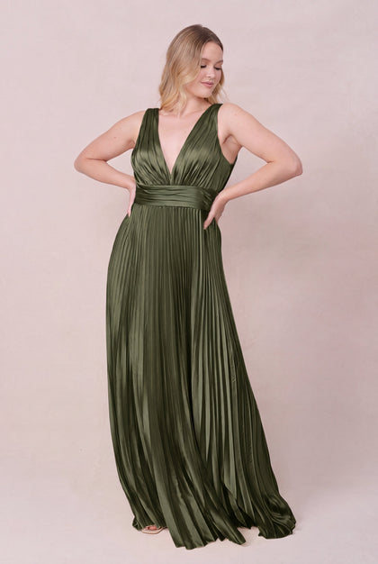 Celine Satin Pleated Dress | Made To Order | Deep Olive