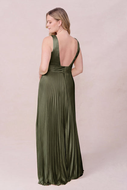 Celine Satin Pleated Dress | Made To Order | Deep Olive