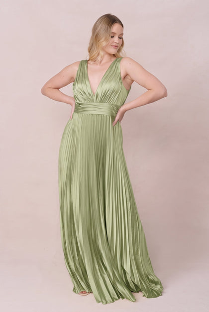 Celine Satin Pleated Dress | Made To Order | Matcha