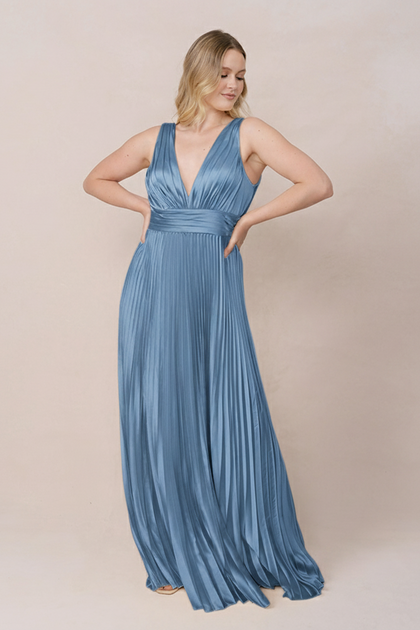 Celine Satin Pleated Dress | Made To Order | True Blue