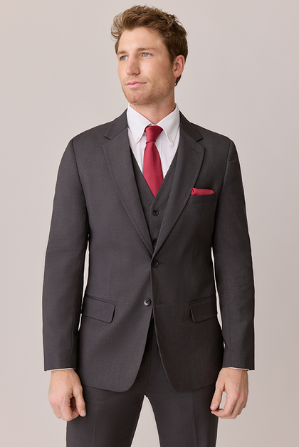 Model: Ethan; Size: Slim 42 Regular. Pictured with Berry Satin Tie & Pocket Square