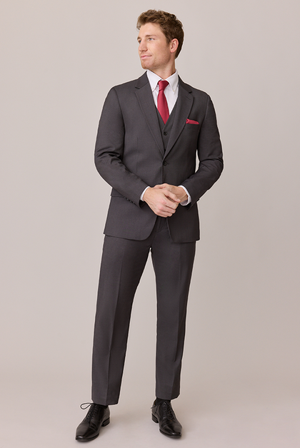 Model: Ethan; Size: Modern 32/31. Pictured with Berry Satin Tie & Pocket Square