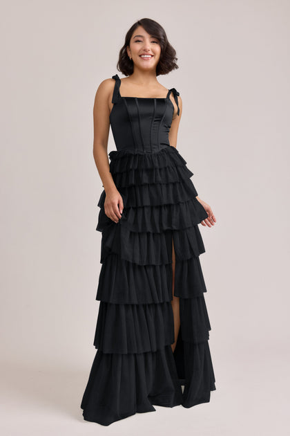 Charlotte Satin + Tulle Dress | Made To Order | Black Satin / Black Tulle