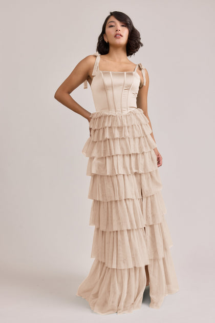 Charlotte Satin + Tulle Dress | Made To Order | Gold Champagne Satin / Champagne Tulle