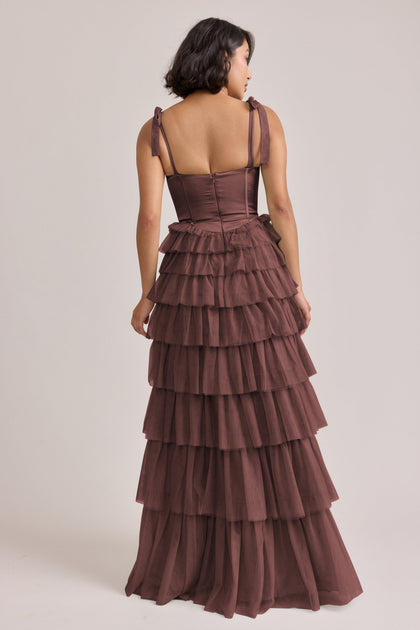 Charlotte Satin + Tulle Dress | Made To Order | Mahogany Satin / Mahogany Tulle
