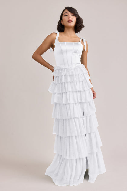 Charlotte Satin + Tulle Dress | Made To Order | White Pearl Satin / White Pearl Tulle