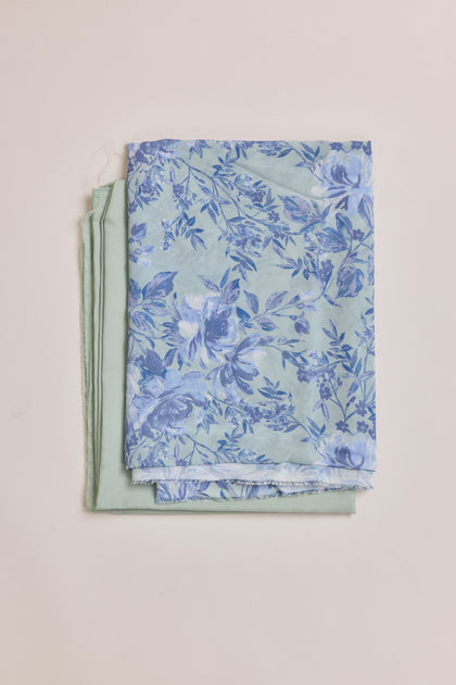 Chiffon Floral Print Fabric By Yard | Sage and Sky Blue Meadow Blooms