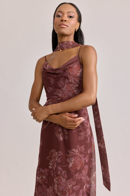 Chiffon Floral Print Skinny Scarf | Made To Order | Mahogany Blooms