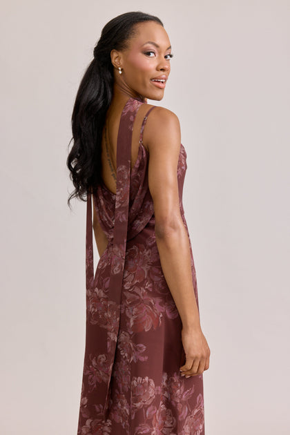 Chiffon Floral Print Skinny Scarf | Made To Order | Mahogany Blooms