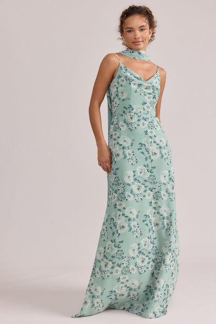Chiffon Floral Print Skinny Scarf | Made To Order | Sage Blossom