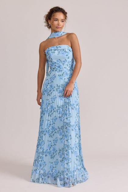 Chiffon Floral Print Skinny Scarf | Made To Order | Sky Blue Blossom