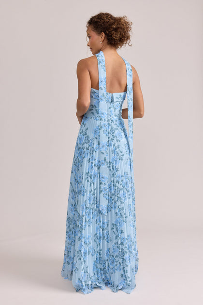 Chiffon Floral Print Skinny Scarf | Made To Order | Sky Blue Blossom