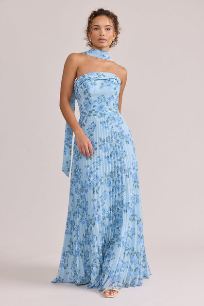 Chiffon Floral Print Skinny Scarf | Made To Order | Sky Blue Blossom
