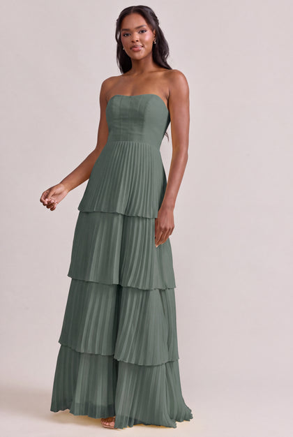 Collins Chiffon Pleated Dress | Eucalyptus