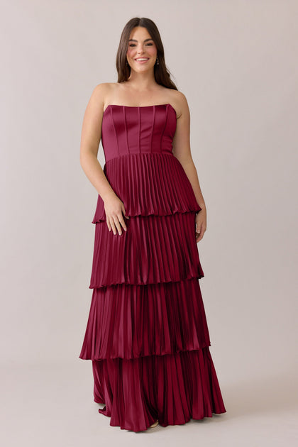 Collins Satin Pleated Dress | Made To Order | Berry