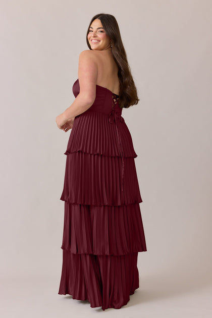 Collins Satin Pleated Dress | Made To Order | Cabernet