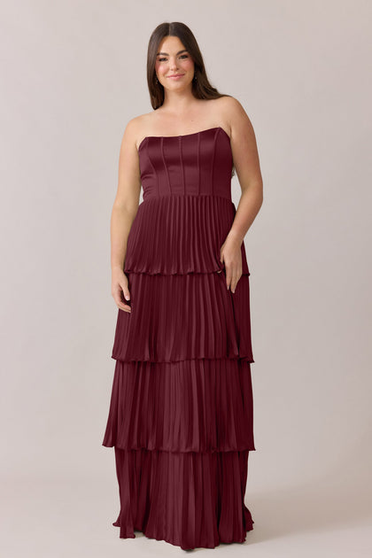 Collins Satin Pleated Dress | Made To Order | Cabernet