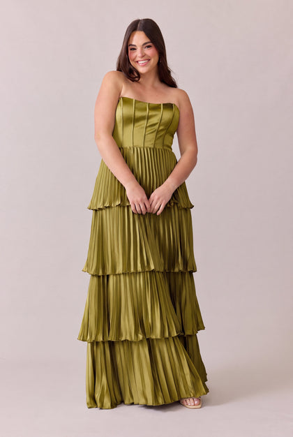 Collins Satin Pleated Dress | Made To Order | Chartreuse