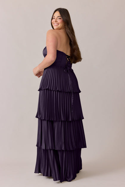 Collins Satin Pleated Dress | Made To Order | Eggplant