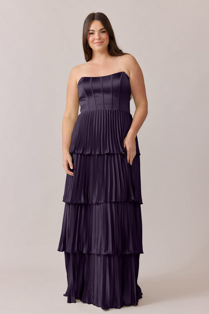 Collins Satin Pleated Dress | Made To Order | Eggplant