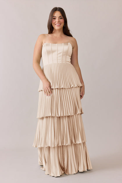 Collins Satin Pleated Dress | Made To Order | Gold Champagne