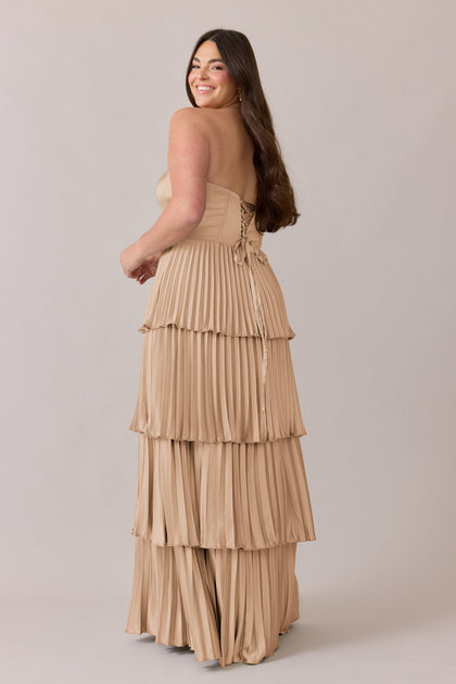 Collins Satin Pleated Dress | Made To Order | Honey Beige