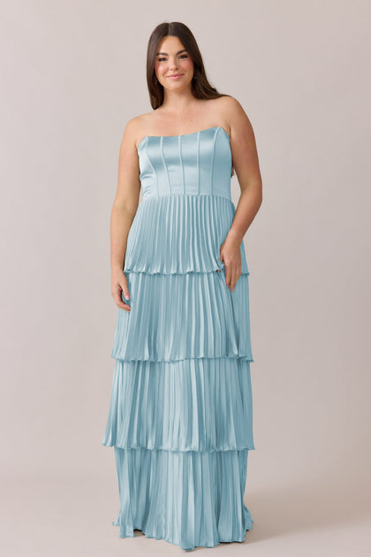 Collins Satin Pleated Dress | Made To Order | Light Blue