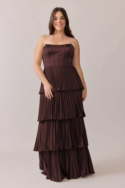 Collins Satin Pleated Dress | Made To Order | Mahogany