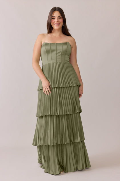 Collins Satin Pleated Dress | Made To Order | Moss