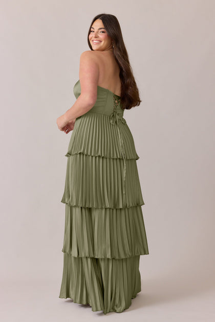 Collins Satin Pleated Dress | Made To Order | Moss