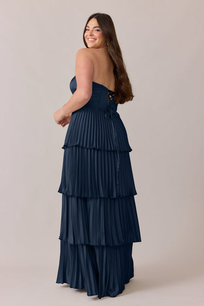 Collins Satin Pleated Dress | Made To Order | Navy Blue