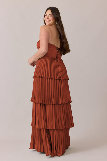 Collins Satin Pleated Dress | Made To Order | Rust