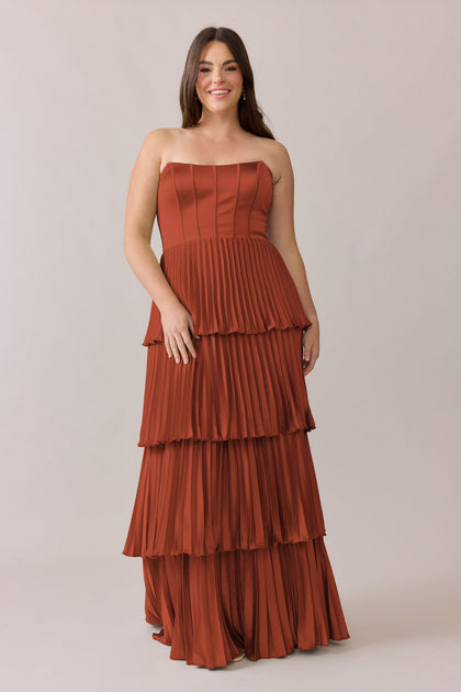 Collins Satin Pleated Dress | Made To Order | Rust