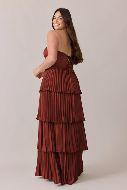 Collins Satin Pleated Dress | Made To Order | Rust