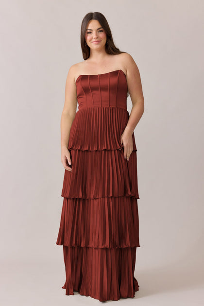 Collins Satin Pleated Dress | Made To Order | Rust