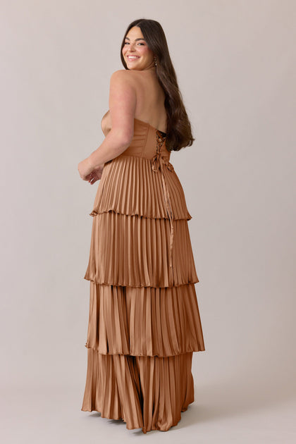 Collins Satin Pleated Dress | Made To Order | Toffee