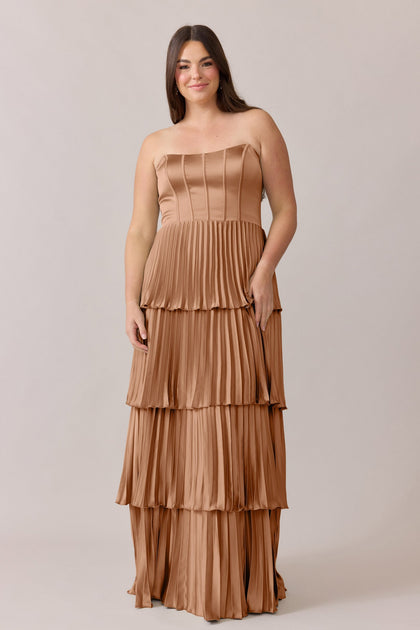 Collins Satin Pleated Dress | Made To Order | Toffee