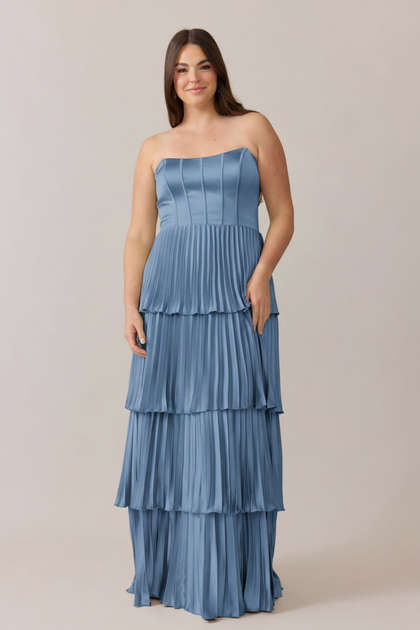 Collins Satin Pleated Dress | Made To Order | True Blue