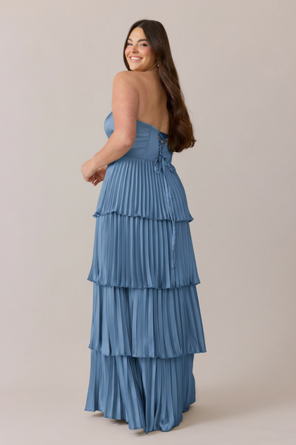 Collins Satin Pleated Dress | Made To Order | True Blue