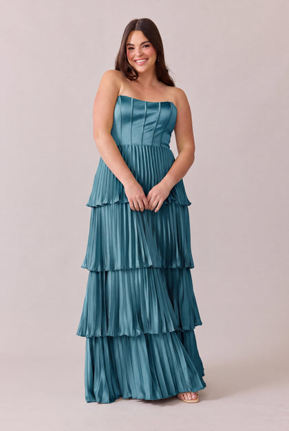Collins Satin Pleated Dress | Made To Order | Turquoise